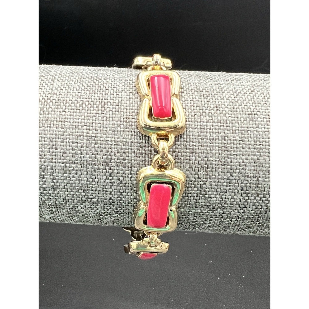 Vintage Gold Tone Pink‎ Enamel Link Bracelet Retro Mod Geometric 7" Statement